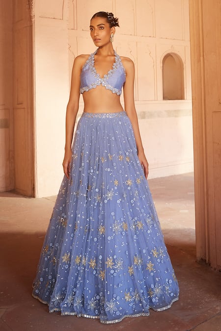 Buy_Prevasu_Blue Silk, Net Embroidery, Sequins Fiza Floral Applique Embellished Lehenga Set _Online_at_Aza_Fashions