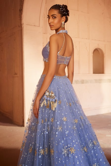 Shop_Prevasu_Blue Silk, Net Embroidery, Sequins Fiza Floral Applique Embellished Lehenga Set _Online_at_Aza_Fashions