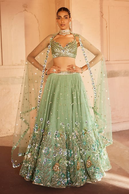 Prevasu_Green Silk, Net Zari, Gazal Floral Applique Embroidered Bridal Lehenga Set _Online_at_Aza_Fashions