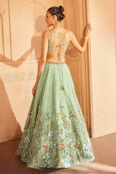 Shop_Prevasu_Green Silk, Net Zari, Gazal Floral Applique Embroidered Bridal Lehenga Set _Online_at_Aza_Fashions
