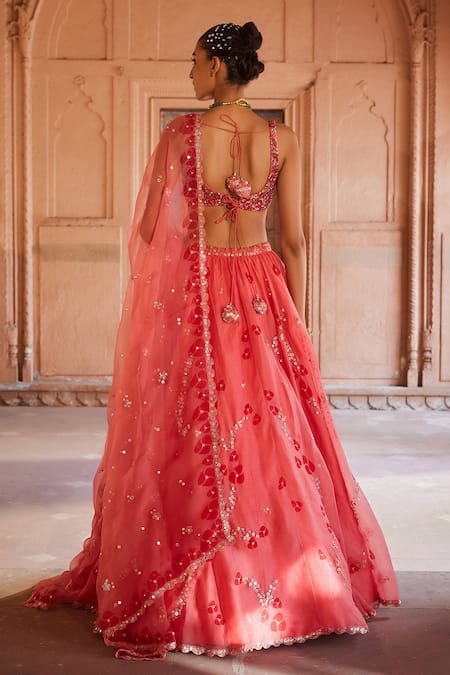 Buy_Prevasu_Coral Net, Organza, Silk Sequins, Mirrors, Gulaab Hand Block Printed Lehenga Set _Online_at_Aza_Fashions