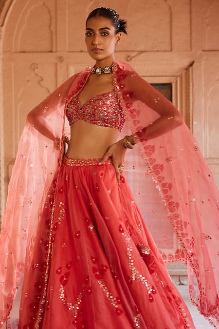 Shop_Prevasu_Coral Net, Organza, Silk Sequins, Mirrors, Gulaab Hand Block Printed Lehenga Set _Online_at_Aza_Fashions