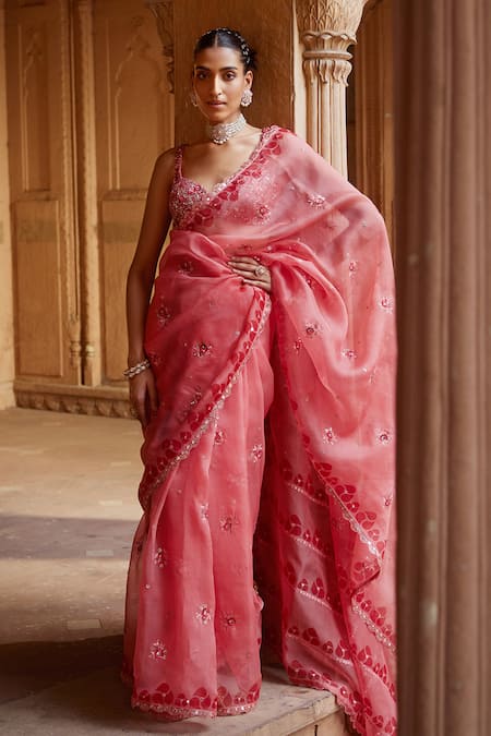 Prevasu Coral Organza, Net, Lycra, Cotton Gulbahar Border Printed Saree With Blouse Online at Aza Fashions Prevasu_Coral Organza, Net, Lycra, Cotton Gulbahar Border Printed Saree With Blouse _Online_at_Aza_Fashions