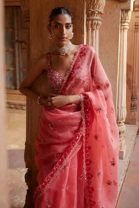 Shop Prevasu Coral Organza, Net, Lycra, Cotton Gulbahar Border Printed Saree With Blouse Online at Aza Fashions Shop_Prevasu_Coral Organza, Net, Lycra, Cotton Gulbahar Border Printed Saree With Blouse _Online_at_Aza_Fashions