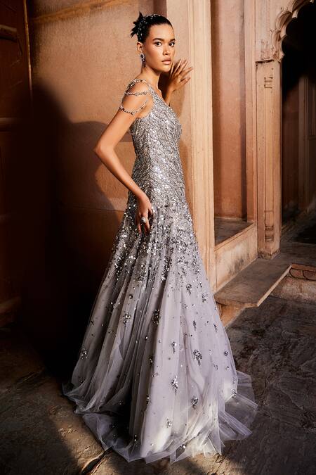 Prevasu_Grey Net Sequins, Brooches Asymmetric Mahnoor One Shoulder Embroidered Gown _Online_at_Aza_Fashions