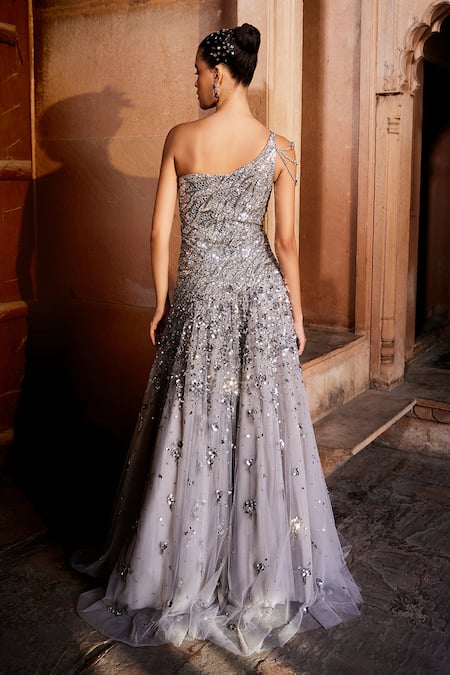 Shop_Prevasu_Grey Net Sequins, Brooches Asymmetric Mahnoor One Shoulder Embroidered Gown _Online_at_Aza_Fashions