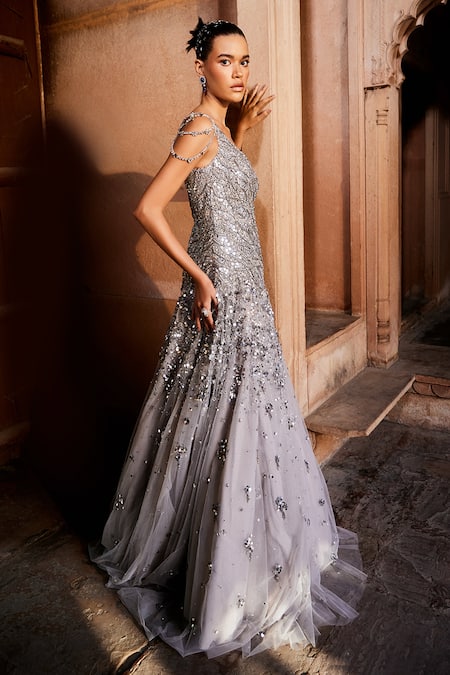 Prevasu_Grey Net Sequins, Brooches Asymmetric Mahnoor One Shoulder Embroidered Gown _at_Aza_Fashions