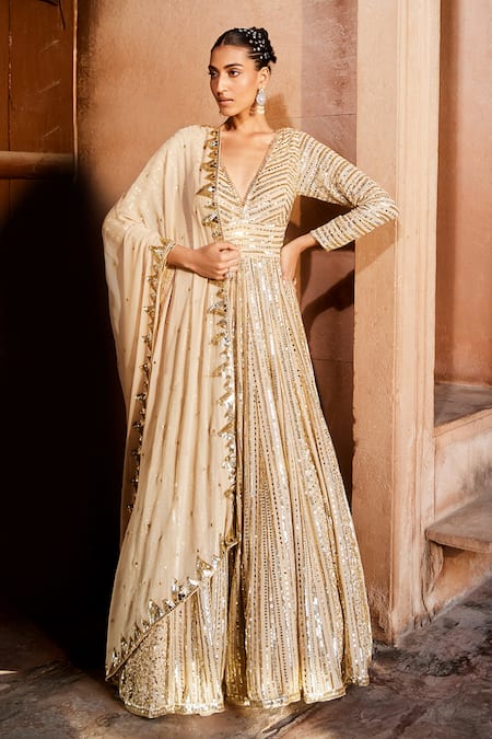 Prevasu Gold Georgette Embroidery, Sequins V-neck Anarkali With Dupatta Online at Aza Fashions Prevasu_Gold Georgette Embroidery, Sequins V-neck Anarkali With Dupatta _Online_at_Aza_Fashions