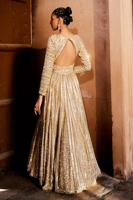 Buy Prevasu Gold Georgette Embroidery, Sequins V-neck Anarkali With Dupatta Online at Aza Fashions Buy_Prevasu_Gold Georgette Embroidery, Sequins V-neck Anarkali With Dupatta _Online_at_Aza_Fashions
