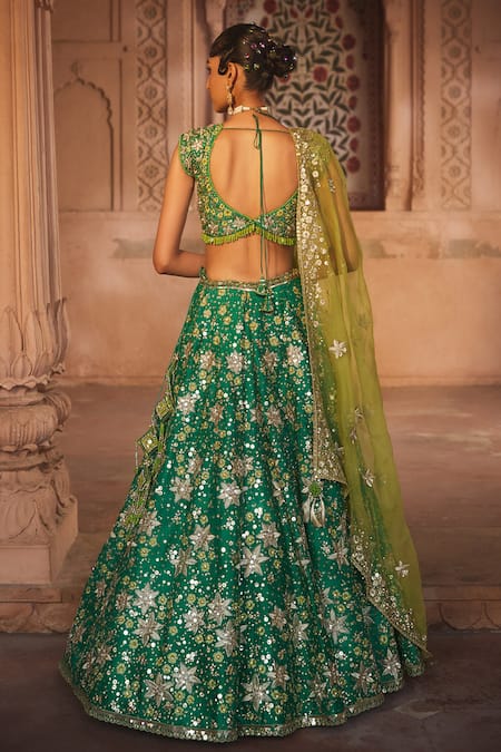 Shop_Prevasu_Green Silk, Net Beads, Zari Floral Pattern Embellished Bridal Lehenga Set _Online_at_Aza_Fashions