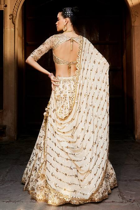 Shop_Prevasu_Gold Georgette Sequins V-neck Embroidered Bridal Lehenga Set _Online_at_Aza_Fashions