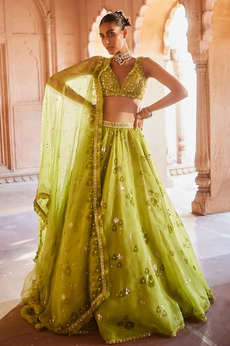 Prevasu Green Net, Organza Sequins Hand Block Print Embroidered Lehenga Set Online at Aza Fashions Prevasu_Green Net, Organza Sequins Hand Block Print Embroidered Lehenga Set _Online_at_Aza_Fashions