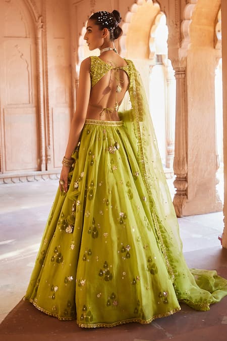Shop Prevasu Green Net, Organza Sequins Hand Block Print Embroidered Lehenga Set Online at Aza Fashions Shop_Prevasu_Green Net, Organza Sequins Hand Block Print Embroidered Lehenga Set _Online_at_Aza_Fashions