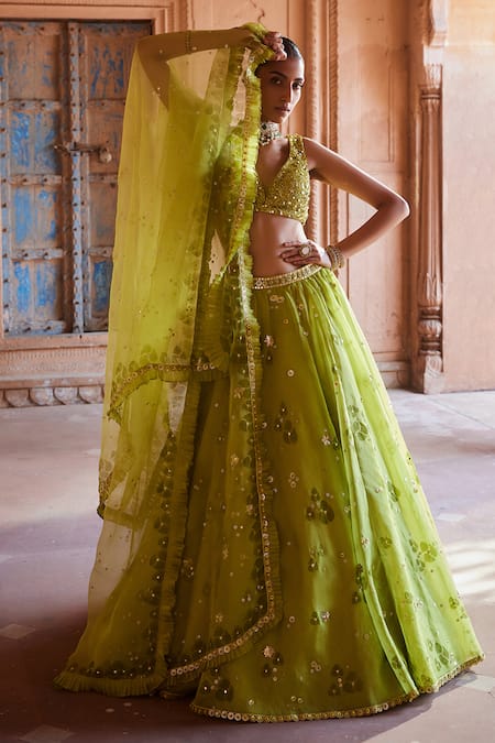 Prevasu Green Net, Organza Sequins Hand Block Print Embroidered Lehenga Set at Aza Fashions Prevasu_Green Net, Organza Sequins Hand Block Print Embroidered Lehenga Set _at_Aza_Fashions