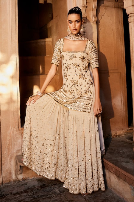 Prevasu Gold Georgette, Chiffon Sequins Square Zardosi Embroidered Kurta Sharara Set Online at Aza Fashions Prevasu_Gold Georgette, Chiffon Sequins Square Zardosi Embroidered Kurta Sharara Set _Online_at_Aza_Fashions