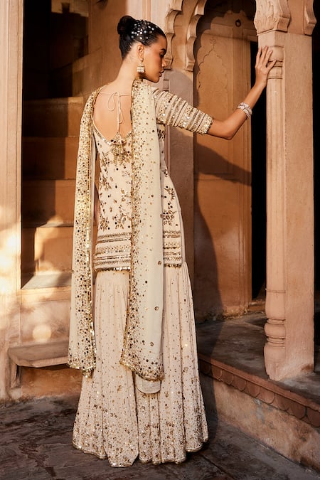 Buy Prevasu Gold Georgette, Chiffon Sequins Square Zardosi Embroidered Kurta Sharara Set Online at Aza Fashions Buy_Prevasu_Gold Georgette, Chiffon Sequins Square Zardosi Embroidered Kurta Sharara Set _Online_at_Aza_Fashions