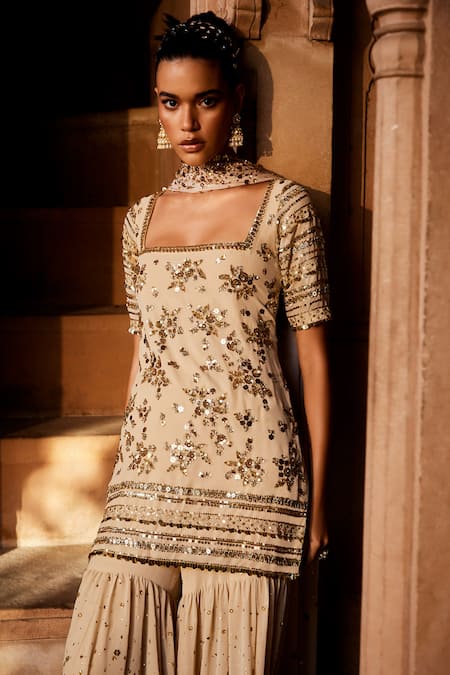 Shop Prevasu Gold Georgette, Chiffon Sequins Square Zardosi Embroidered Kurta Sharara Set Online at Aza Fashions Shop_Prevasu_Gold Georgette, Chiffon Sequins Square Zardosi Embroidered Kurta Sharara Set _Online_at_Aza_Fashions