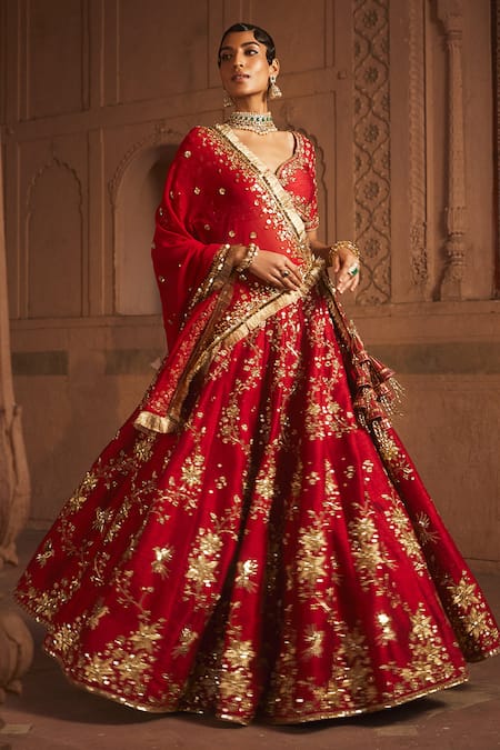 Prevasu_Red Silk, Georgette Sequins, Zari V-neck Floral Embroidered Bridal Lehenga Set _Online_at_Aza_Fashions