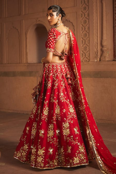 Shop_Prevasu_Red Silk, Georgette Sequins, Zari V-neck Floral Embroidered Bridal Lehenga Set _Online_at_Aza_Fashions