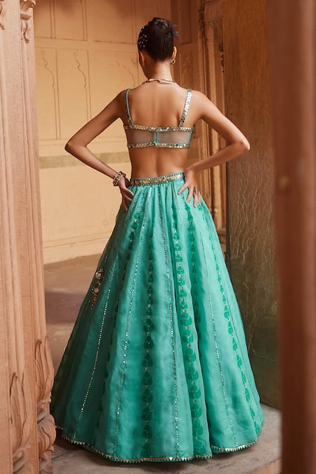 Shop Prevasu Green Organza, Net Sequins, Mirrors Block Print Embroidered Lehenga Set at Aza Fashions Shop_Prevasu_Green Organza, Net Sequins, Mirrors Block Print Embroidered Lehenga Set _at_Aza_Fashions