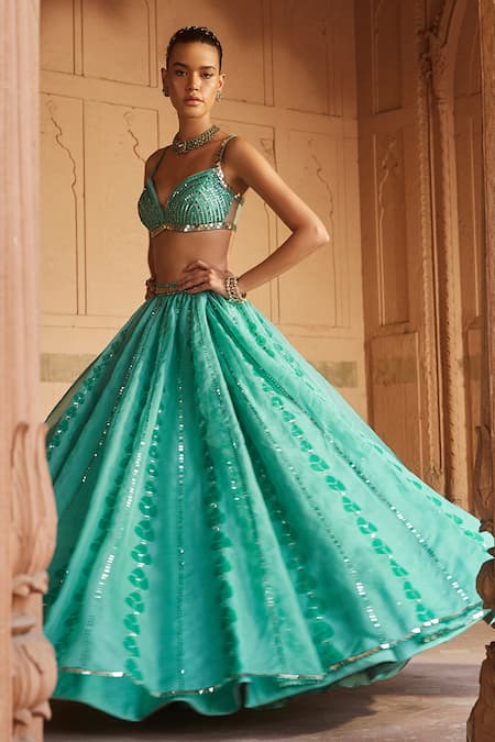 Buy Prevasu Green Organza, Net Sequins, Mirrors Block Print Embroidered Lehenga Set Online at Aza Fashions Buy_Prevasu_Green Organza, Net Sequins, Mirrors Block Print Embroidered Lehenga Set _Online_at_Aza_Fashions