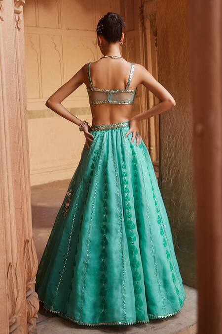 Shop Prevasu Green Organza, Net Sequins, Mirrors Block Print Embroidered Lehenga Set Online at Aza Fashions Shop_Prevasu_Green Organza, Net Sequins, Mirrors Block Print Embroidered Lehenga Set _Online_at_Aza_Fashions