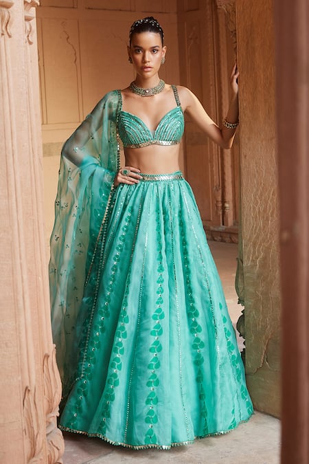 Prevasu Green Organza, Net Sequins, Mirrors Block Print Embroidered Lehenga Set at Aza Fashions Prevasu_Green Organza, Net Sequins, Mirrors Block Print Embroidered Lehenga Set _at_Aza_Fashions