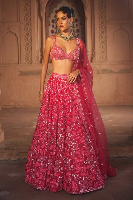 Prevasu_Pink Silk, Organza Sequins, Embroidery Floral Hand Bridal Lehenga Set _Online_at_Aza_Fashions