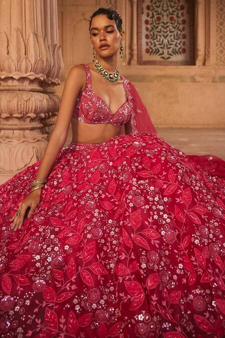 Buy_Prevasu_Pink Silk, Organza Sequins, Embroidery Floral Hand Bridal Lehenga Set _Online_at_Aza_Fashions