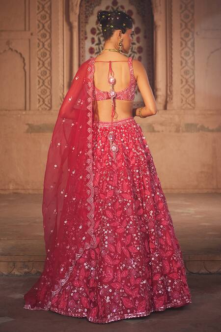 Shop_Prevasu_Pink Silk, Organza Sequins, Embroidery Floral Hand Bridal Lehenga Set _Online_at_Aza_Fashions