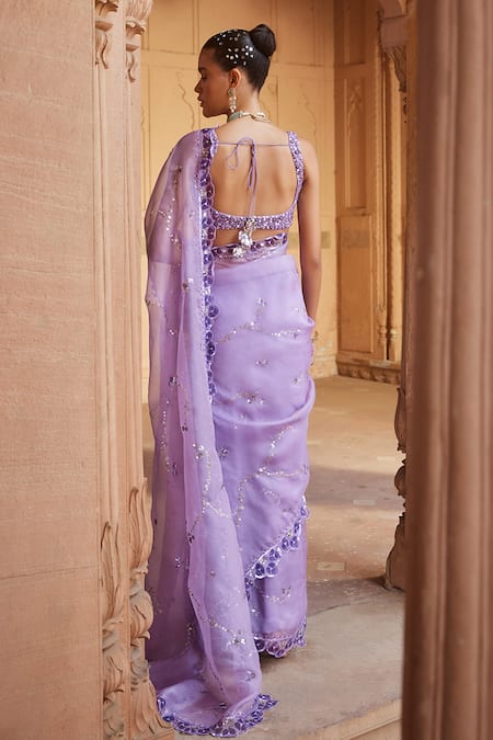 Shop_Prevasu_Purple Organza, Net, Lycra Sequins, Mirrors, Hand Block Print Saree With Blouse _at_Aza_Fashions