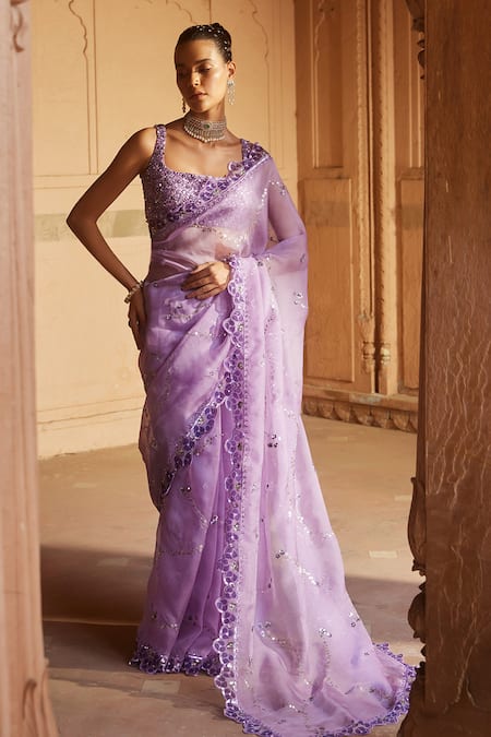 Prevasu_Purple Organza, Net, Lycra Sequins, Mirrors, Hand Block Print Saree With Blouse _Online_at_Aza_Fashions