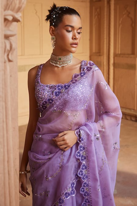 Shop_Prevasu_Purple Organza, Net, Lycra Sequins, Mirrors, Hand Block Print Saree With Blouse _Online_at_Aza_Fashions