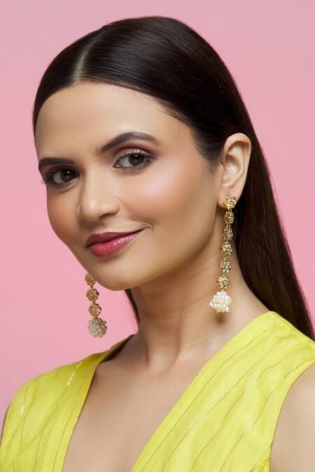 Kiara_Gold Plated Crystals, Pearls Floral Embellished Long Earrings_at_Aza_Fashions