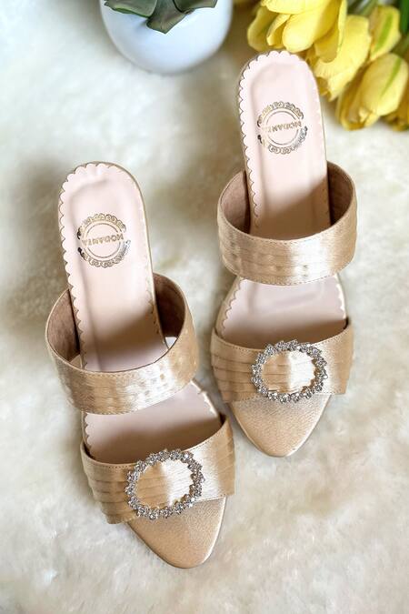 Buy Modanta Footwear Gold Fabric Flowers Faux Diamond Embellished Satin Heels Online at Aza Fashions Buy_Modanta Footwear_Gold Fabric Flowers Faux Diamond Embellished Satin Heels _Online_at_Aza_Fashions