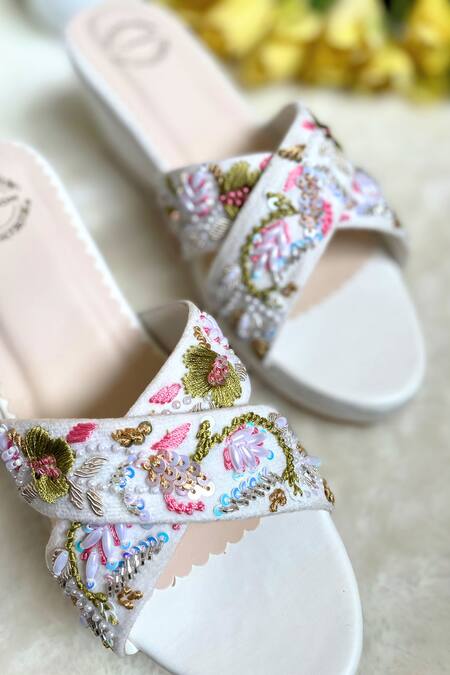 Buy Modanta Footwear White Embroidery Cross Strap Wedges Online at Aza Fashions Buy_Modanta Footwear_White Embroidery Cross Strap Wedges _Online_at_Aza_Fashions