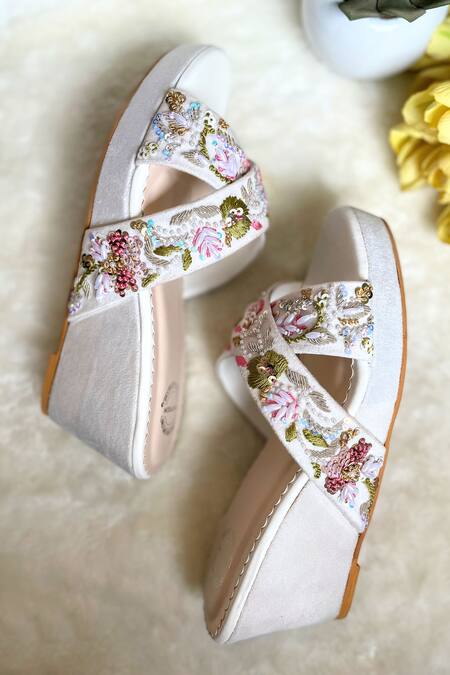 Shop Modanta Footwear White Embroidery Cross Strap Wedges Online at Aza Fashions Shop_Modanta Footwear_White Embroidery Cross Strap Wedges _Online_at_Aza_Fashions