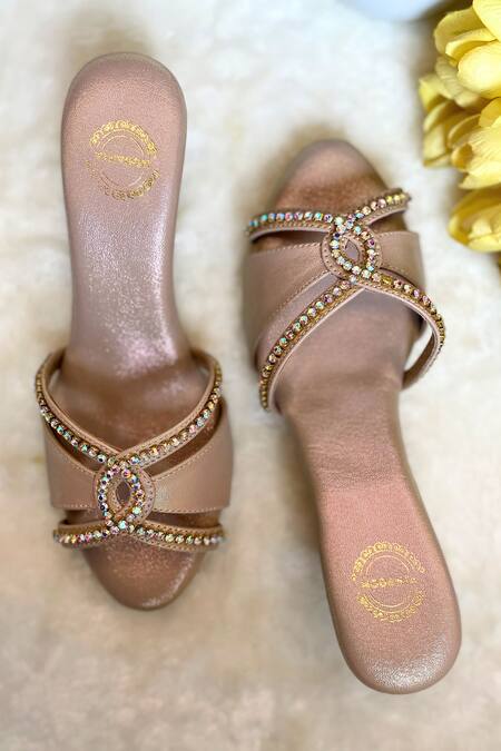 Modanta Footwear Beige Fabric Flowers Faux Diamond Embellished Leather Wedges Online at Aza Fashions Modanta Footwear_Beige Fabric Flowers Faux Diamond Embellished Leather Wedges _Online_at_Aza_Fashions