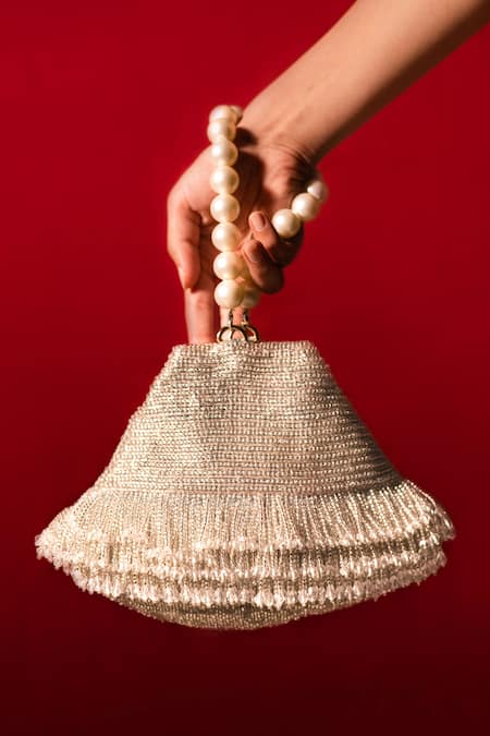 Clutch'D Silver Hand Embroidered Tassel Clutch Bag 