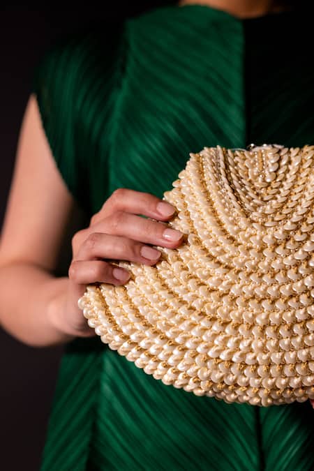 ClutcH'D_Ivory Embroidery Rounded Shell Embellished Clutch Bag _Online_at_Aza_Fashions