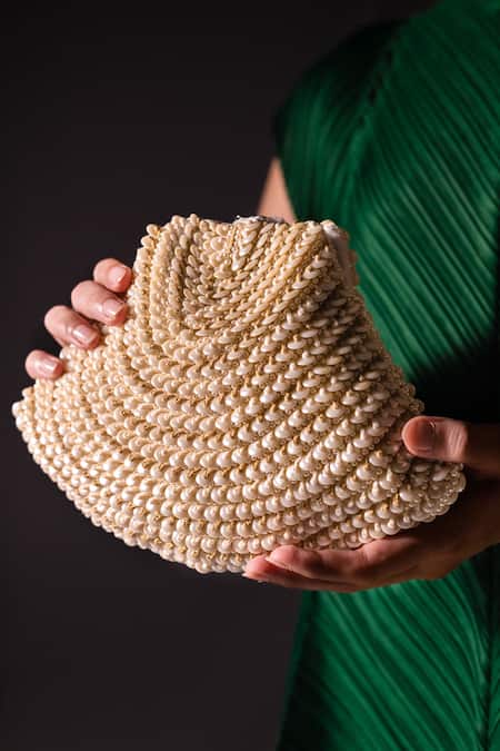 Buy_ClutcH'D_Ivory Embroidery Rounded Shell Embellished Clutch Bag _Online_at_Aza_Fashions