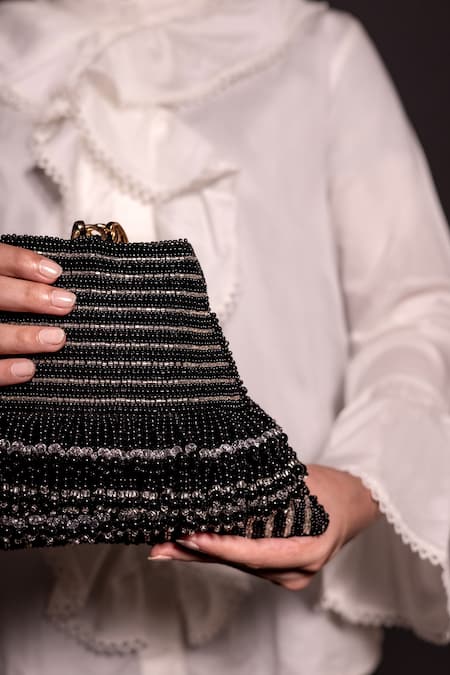 ClutcH'D_Black Embroidery Suede Hand Clutch Bag _Online_at_Aza_Fashions