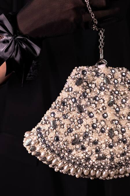ClutcH'D_Silver Embroidery, Pearls Studs And Hand Clutch Bag _Online_at_Aza_Fashions