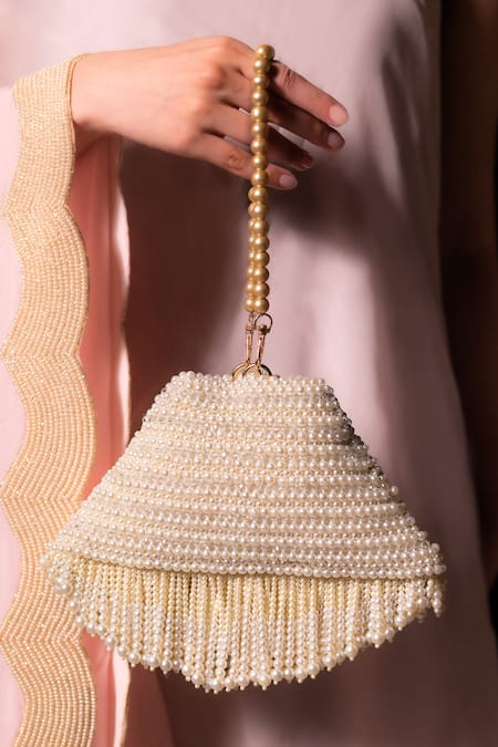 Clutch'D White Embellished Pearl Tassel Clutch Bag 