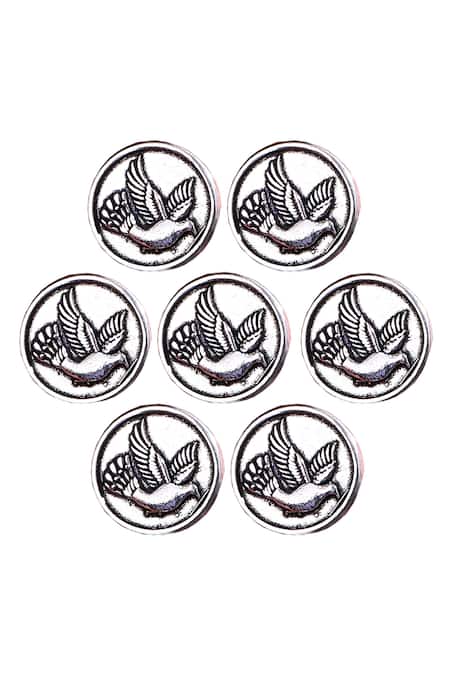 Cosa Nostraa Silver Embroidery Flying Bird Carved Buttons - Set Of 7 Online at Aza Fashions Cosa Nostraa_Silver Embroidery Flying Bird Carved Buttons - Set Of 7 _Online_at_Aza_Fashions