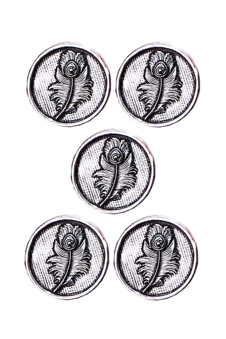 Cosa Nostraa Silver Peacock Feather Carved Buttons - Set Of 5 Online at Aza Fashions Cosa Nostraa_Silver Peacock Feather Carved Buttons - Set Of 5 _Online_at_Aza_Fashions