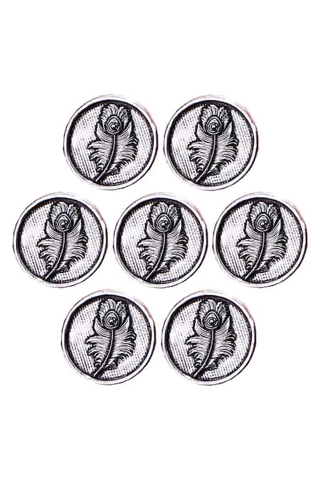 Cosa Nostraa Silver Peacock Feather Carved Buttons - Set Of 7 Online at Aza Fashions Cosa Nostraa_Silver Peacock Feather Carved Buttons - Set Of 7 _Online_at_Aza_Fashions