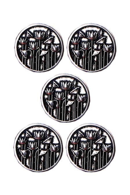 Cosa Nostraa Silver Lotus Garden Carved Buttons - Set Of 5 Online at Aza Fashions Cosa Nostraa_Silver Lotus Garden Carved Buttons - Set Of 5 _Online_at_Aza_Fashions