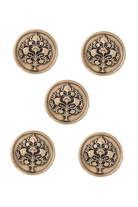 Cosa Nostraa Gold Cut Work Tree Carved Buttons - Set Of 5 Online at Aza Fashions Cosa Nostraa_Gold Cut Work Tree Carved Buttons - Set Of 5 _Online_at_Aza_Fashions