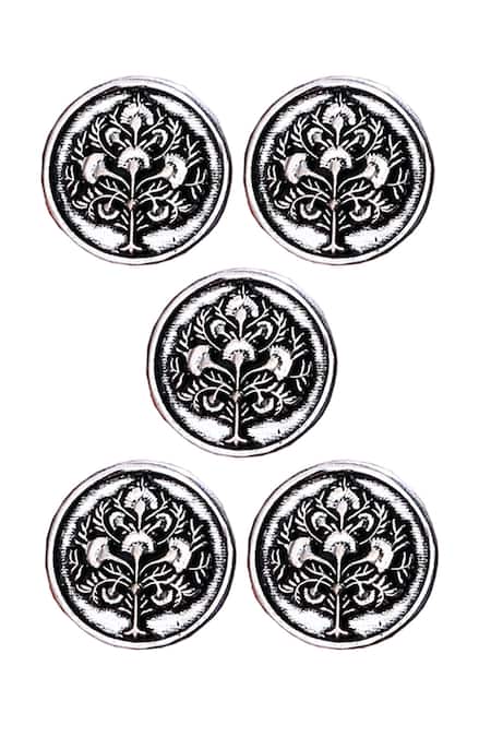 Cosa Nostraa Silver Tree Carved Buttons - Set Of 5 Online at Aza Fashions Cosa Nostraa_Silver Tree Carved Buttons - Set Of 5 _Online_at_Aza_Fashions